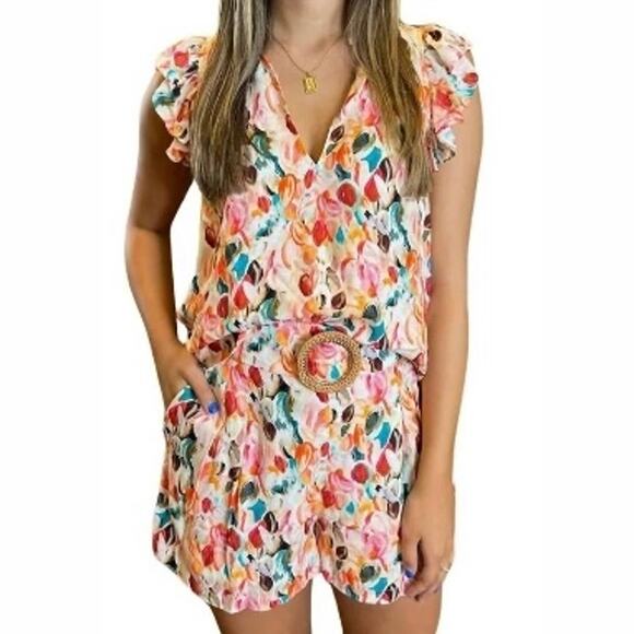 NEW Lavender Brown Laura Shorts Orange Floral Cotton Belted XS cottagecore boho - Picture 2 of 4